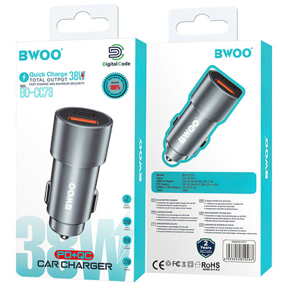 Caricabatteria da auto BWOO BO-CC73, 38W, 3A, 1 x USB-A - 1 x USB-C, argento 