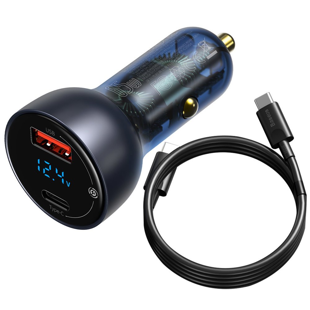 Caricabatterie da auto con cavo USB-C Display digitale Baseus, 65W, 5A, 1 x USB-A - 1 x USB-C, nero TZCCKX-0G 