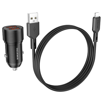 Caricabatterie da auto con cavo Lightning Borofone BZ19 Wisdom, 12W, 2,4A, 2 x USB-A, Nero 