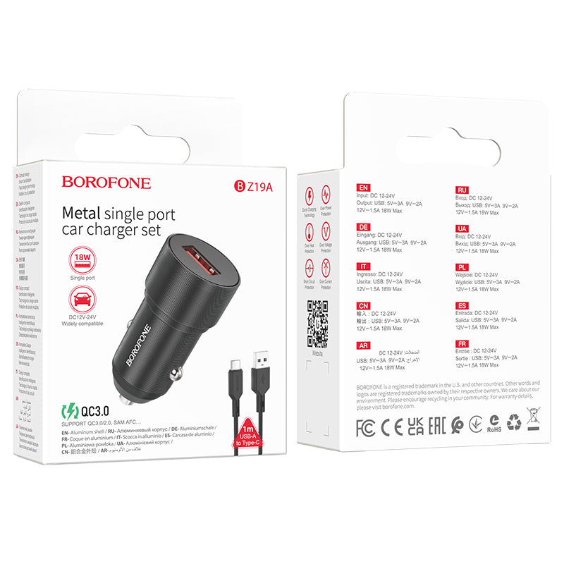 Caricabatterie da auto con cavo USB-C Borofone BZ19A Wisdom, 18W, 3A, 1 x USB-A, nero 