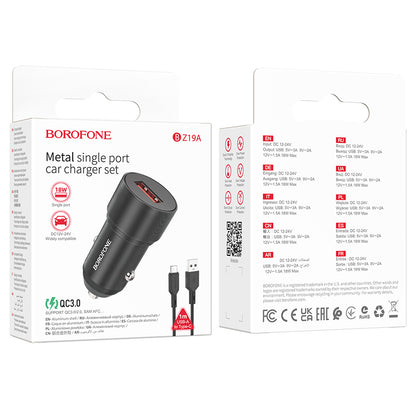 Caricabatterie da auto con cavo USB-C Borofone BZ19A Wisdom, 18W, 3A, 1 x USB-A, nero 