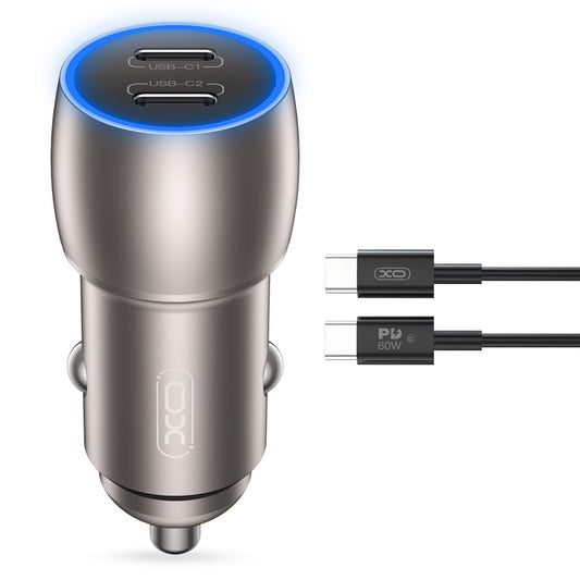 Caricabatterie da auto con cavo USB-C XO Design CC51, 40W, 3A, 2 x USB-C, grigio 