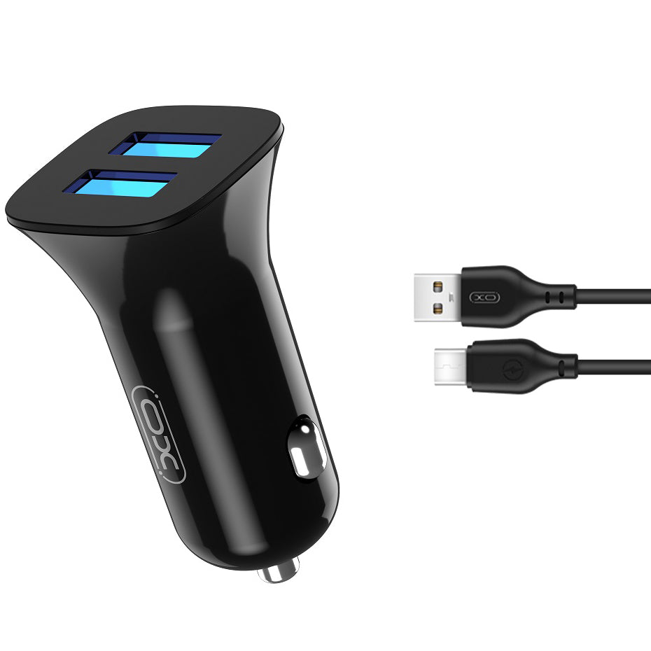 Caricabatterie da auto con cavo USB-C XO Design TZ10, 12W, 2,4A, 2 x USB-A, nero 