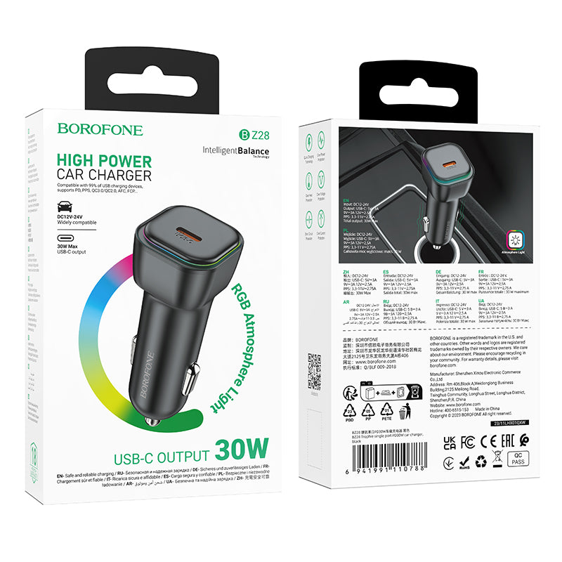 Caricabatterie da auto con cavo Lightning Borofone BZ28 Trophie, 30W, 3A, 1 x USB-C, nero 