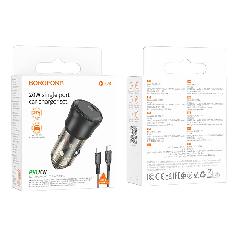 Caricabatterie da auto con cavo USB-C Borofone BZ24 Clever, 20W, 3A, 1 x USB-C, Nero 