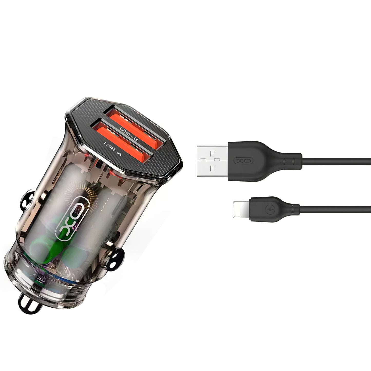 Caricabatterie da auto con cavo Lightning XO Design CC49, 12W, 2,4A, 2 x USB-A, marrone