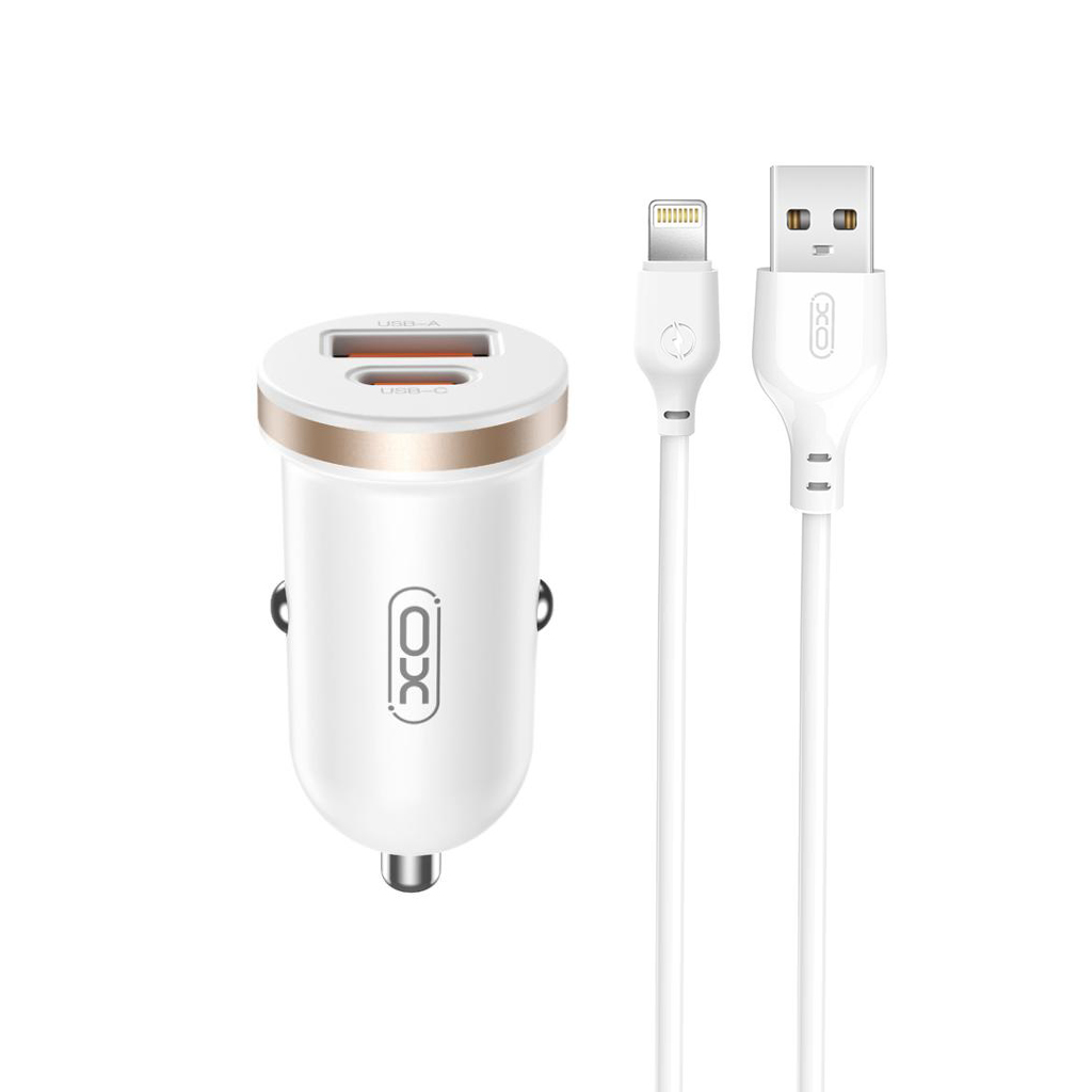 Caricabatterie Auto Con Cavo Lightning XO Design CC56, 30W, 3A, 1 x USB-A - 1 x USB-C, Bianco