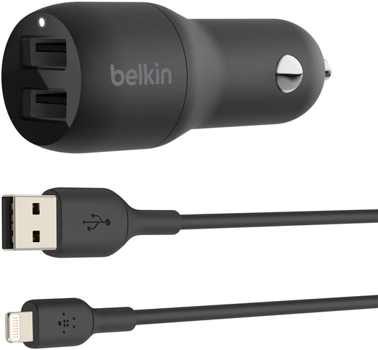 Caricatore Auto Con Cavo Lightning Belkin BoostCharge Dual, 24W, 2.4A, 2 x USB-A, Nero CCD001bt1MBK