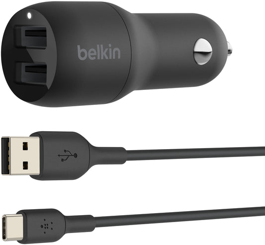Caricatore Auto Con Cavo USB-C Belkin BoostCharge Dual, 24W, 2.4A, 2 x USB-A, Nero CCE001bt1MBK