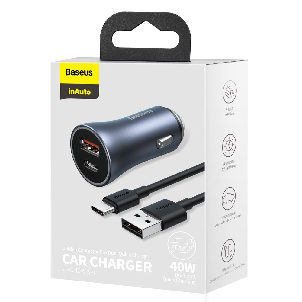 Caricabatterie da auto con cavo USB-C Baseus Golden Contactor, 40W, 5A, 1 x USB-A - 1 x USB-C, grigio TZCCJD-0G