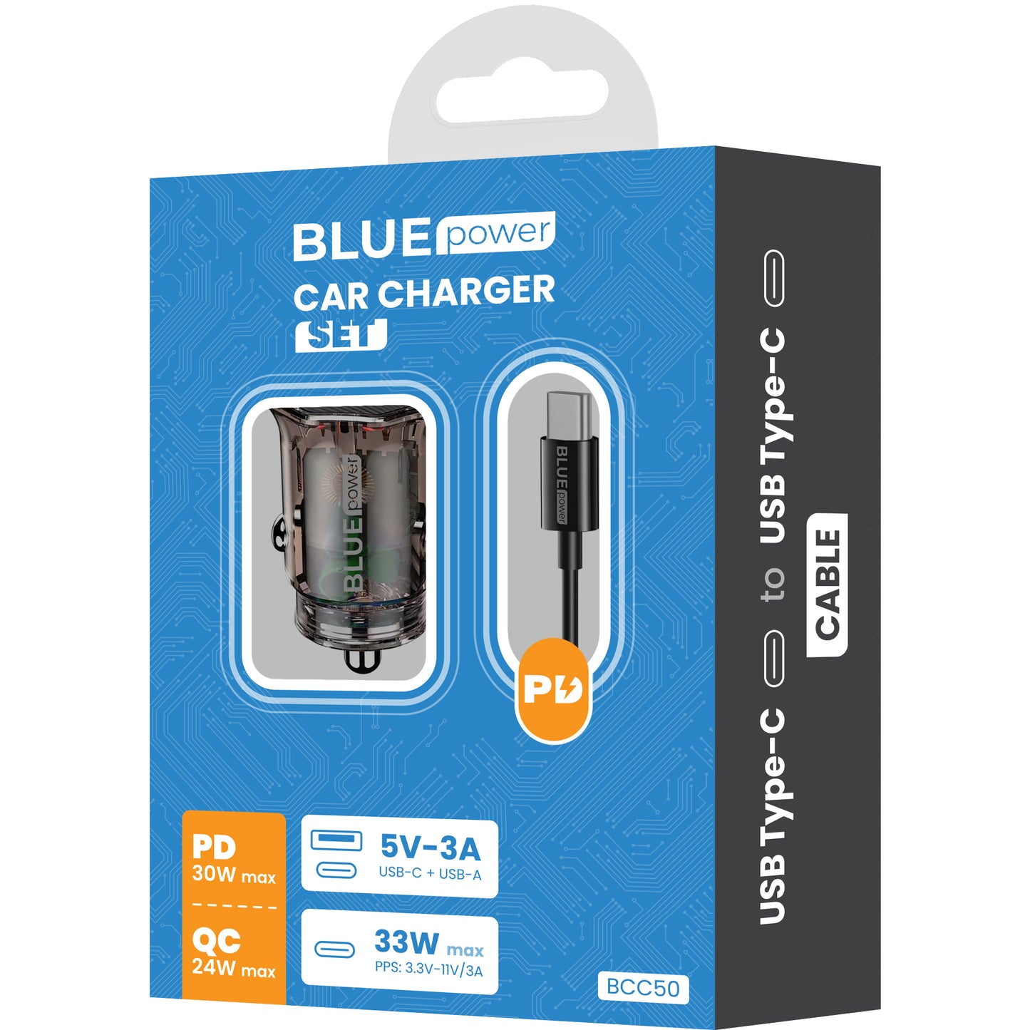 Caricabatterie da auto con cavo USB-C BLUE Power BCC50, 33W, 3A, 1 x USB-A - 1 x USB-C, Nero