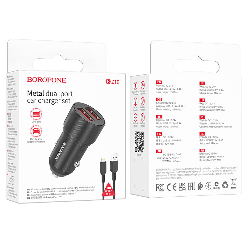 Caricabatterie da auto con cavo Lightning Borofone BZ19 Wisdom, 12W, 2,4A, 2 x USB-A, Nero 