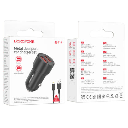 Caricabatterie da auto con cavo Lightning Borofone BZ19 Wisdom, 12W, 2,4A, 2 x USB-A, Nero 