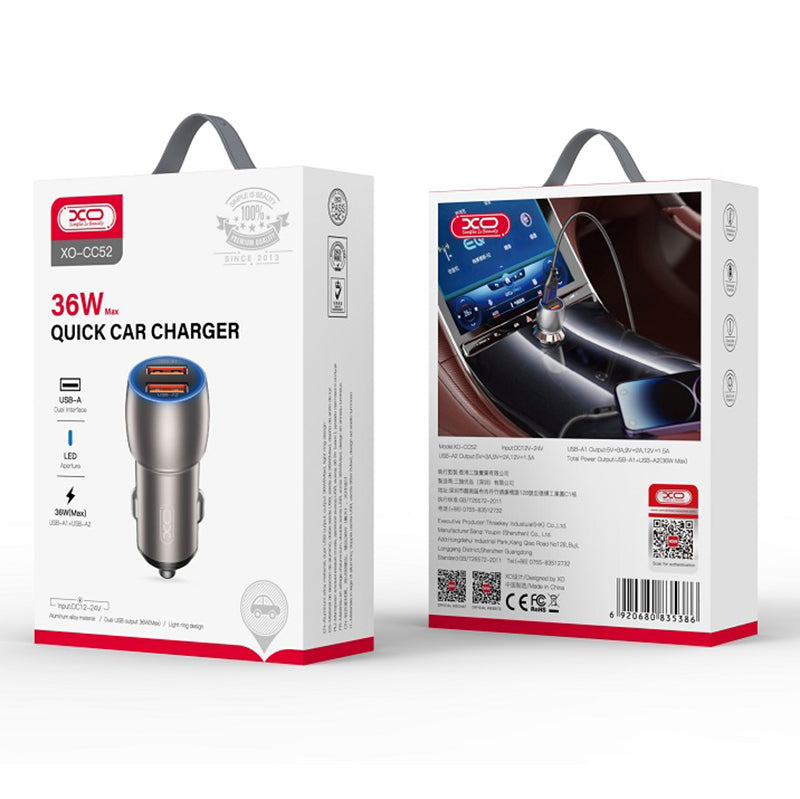 Caricabatterie da auto con cavo USB-C XO Design CC52, 36W, 3A, 2 x USB-A, Grigio 