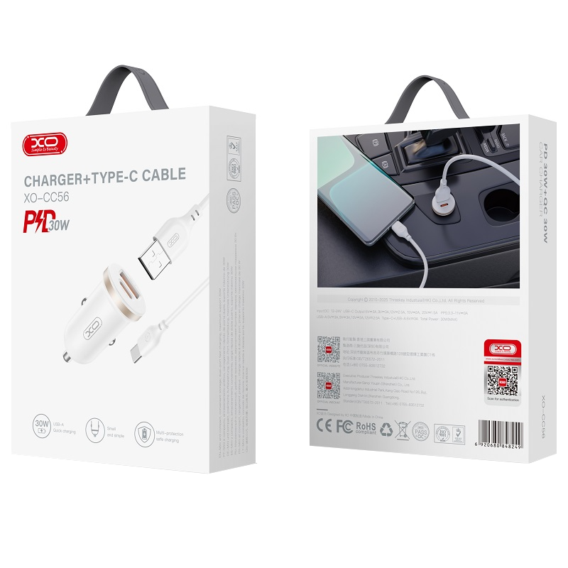 Caricabatterie Auto con Cavo USB-C XO Design CC56, 30W, 3A, 1 x USB-A - 1 x USB-C, Bianco