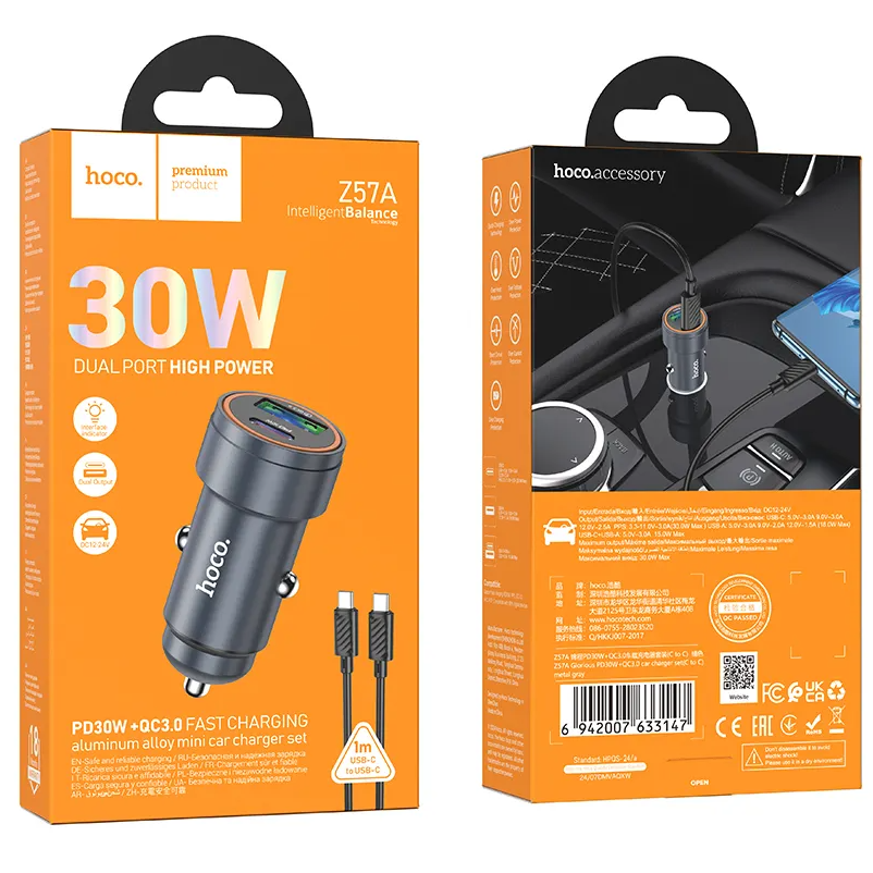 Caricabatterie Auto Con Cavo USB-C HOCO Z57A, 30W, 3A, 1 x USB-A - 1 x USB-C, Grigio