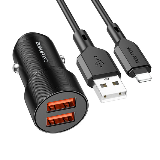 Caricabatterie da auto con cavo Lightning Borofone BZ19 Wisdom, 12W, 2,4A, 2 x USB-A, Nero 