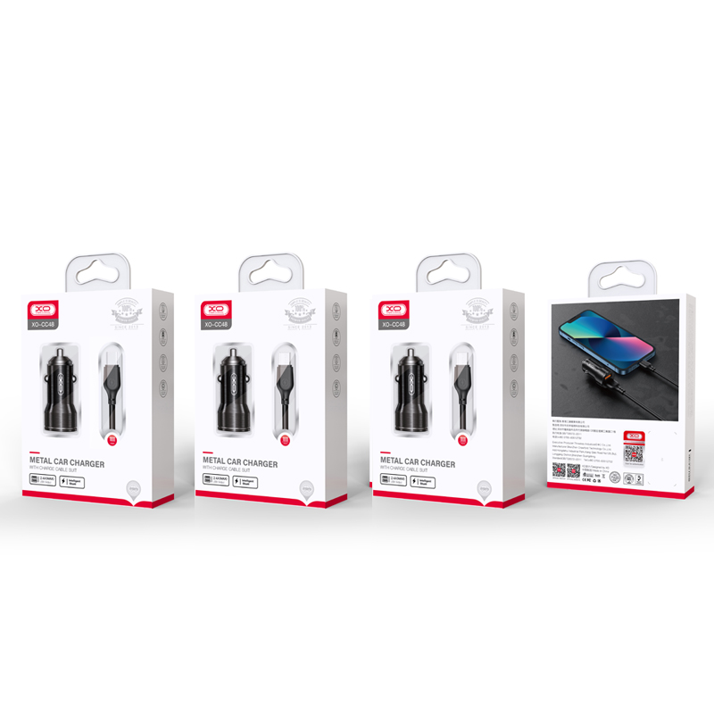 Caricabatterie Auto con Cavo USB-C XO Design CC48, 12W, 2.4A, 2 x USB-A, Grigio