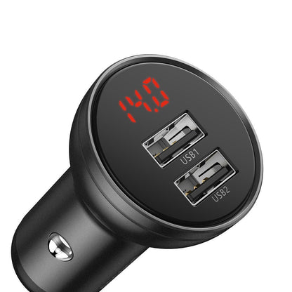 Caricabatterie da auto con cavo Lightning - microUSB - USB-C Display digitale Baseus, 24 W, 2,4 A, 2 x USB-A, grigio TZCCBX-0G