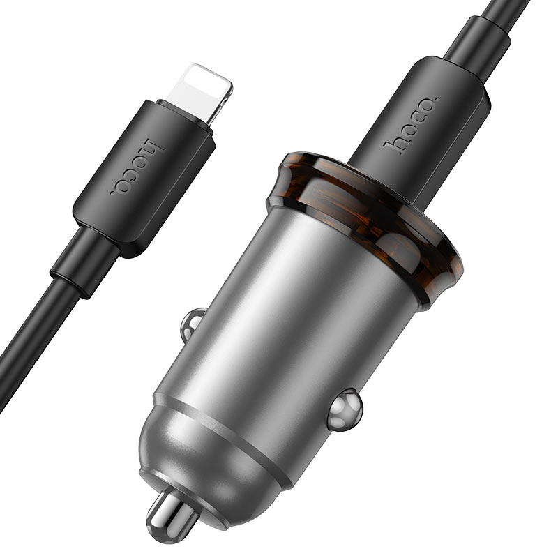 Car Charger with Lightning Cable HOCO NZ16B, 45W, 3A, 2 x USB-C, Grey