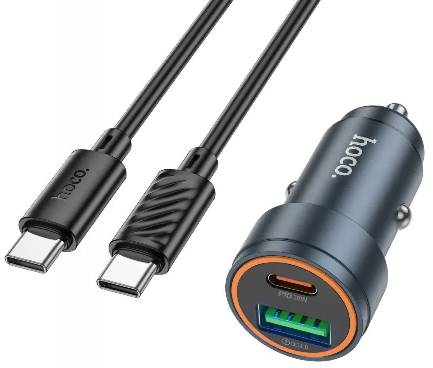 Caricabatterie Auto Con Cavo USB-C HOCO Z57A, 30W, 3A, 1 x USB-A - 1 x USB-C, Grigio