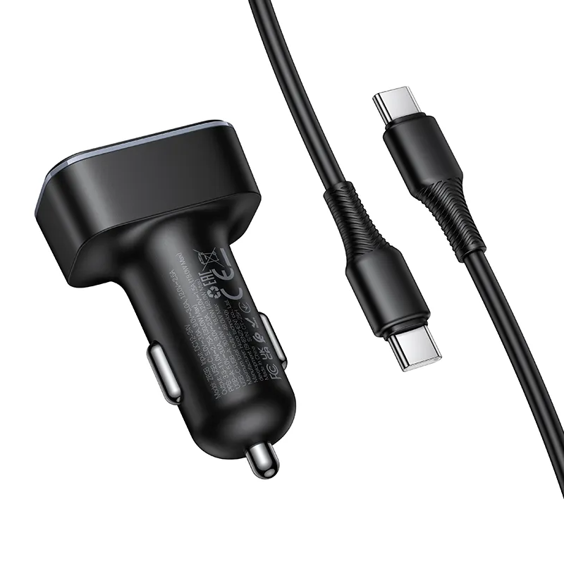 Caricabatterie Auto Con Cavo USB-C HOCO Z63B Display, 48W, 3A, 1 x USB-A - 1 x USB-C, Nero