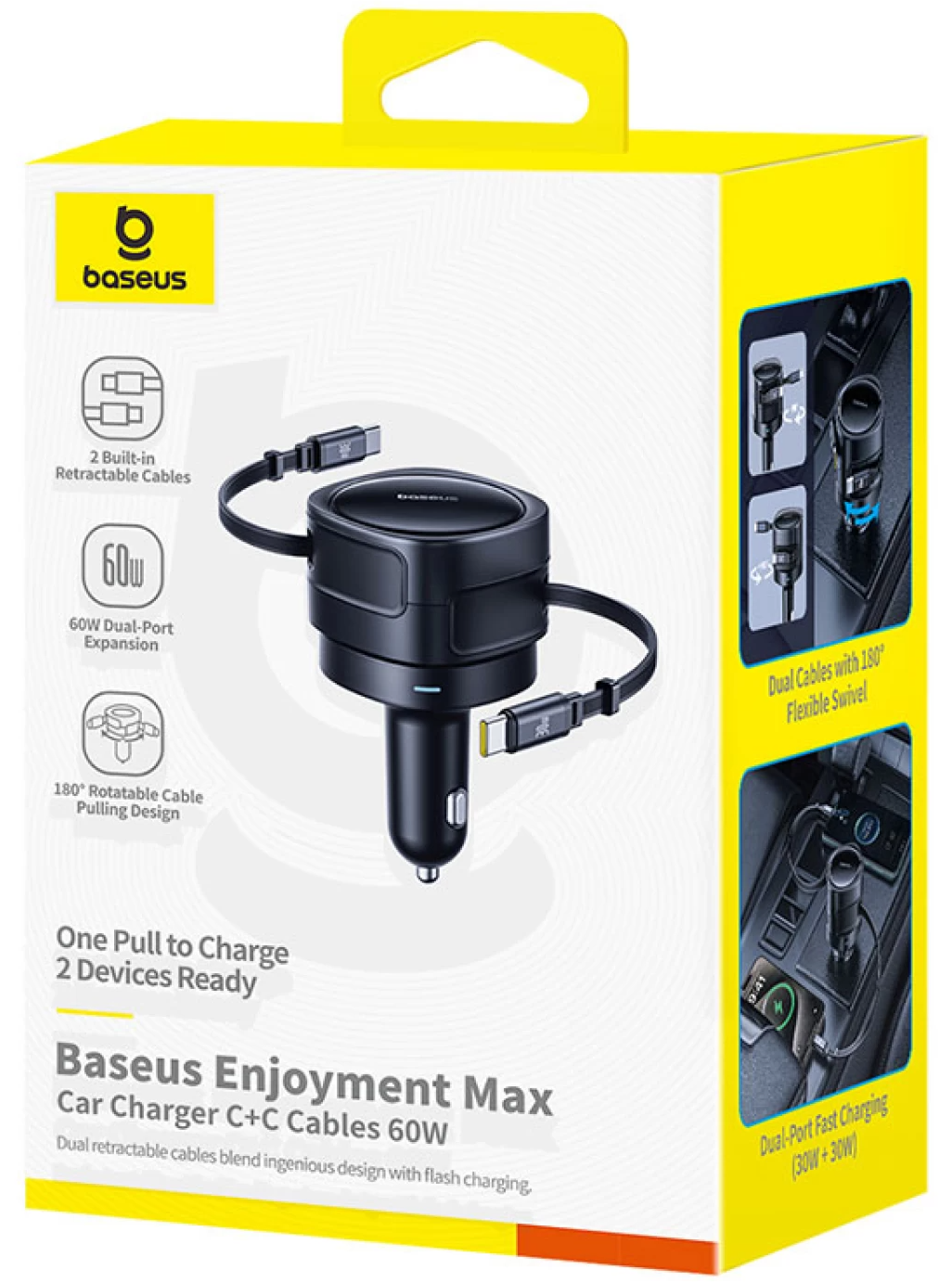 Caricabatterie da auto con cavo USB-C Baseus Enjoyment Max, 60 W, nero C00035507121-01