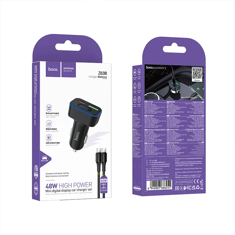 Caricabatterie Auto Con Cavo USB-C HOCO Z63B Display, 48W, 3A, 1 x USB-A - 1 x USB-C, Nero