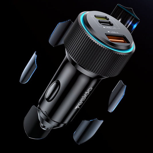 Caricabatterie Auto con Cavo Lightning Yesido Y60, 38W, 3A, 1 x USB-A - 2 x USB-C, Nero