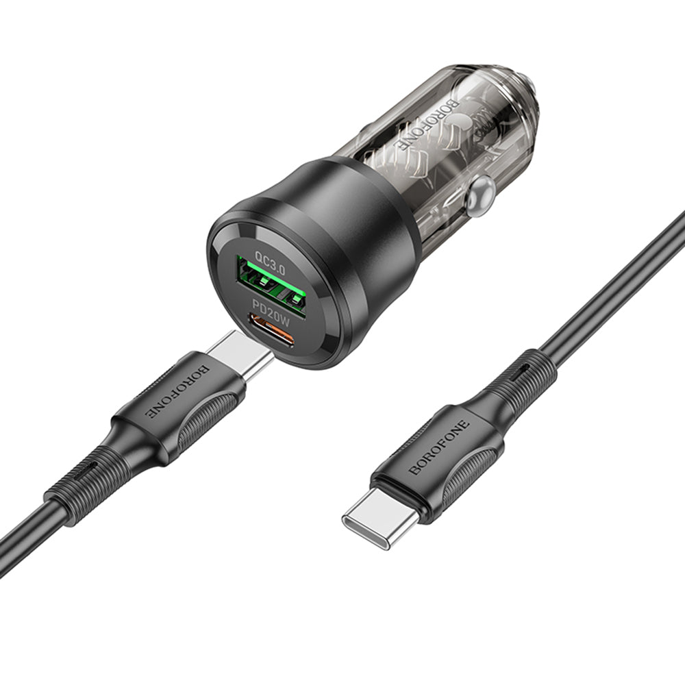 Caricabatterie Auto Con Cavo USB-C Borofone BZ25 Journey, 38W, 3A, 1 x USB-A - 1 x USB-C, Nero