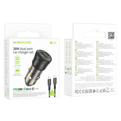 Caricabatterie Auto Con Cavo USB-C Borofone BZ25 Journey, 38W, 3A, 1 x USB-A - 1 x USB-C, Nero