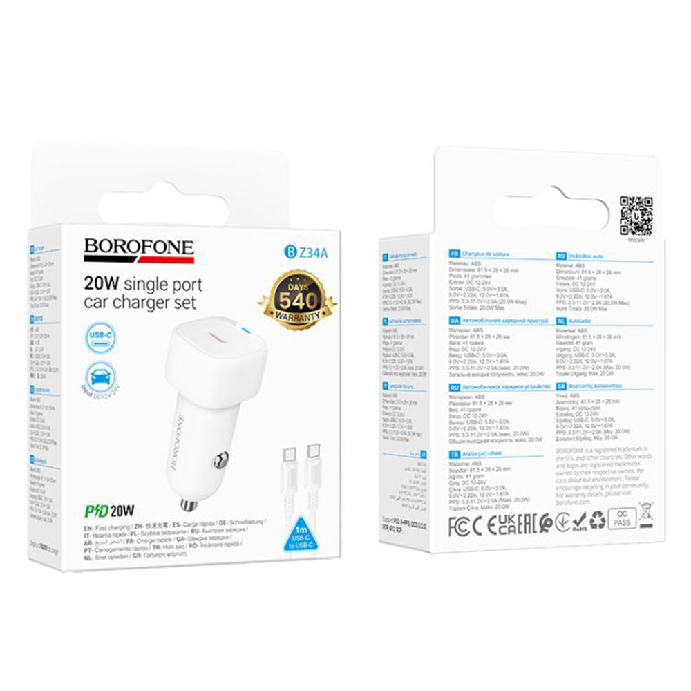 Caricabatterie Auto con Cavo USB-C Borofone BZ34A Cloud, 20W, 3A, 1 x USB-C, Bianco