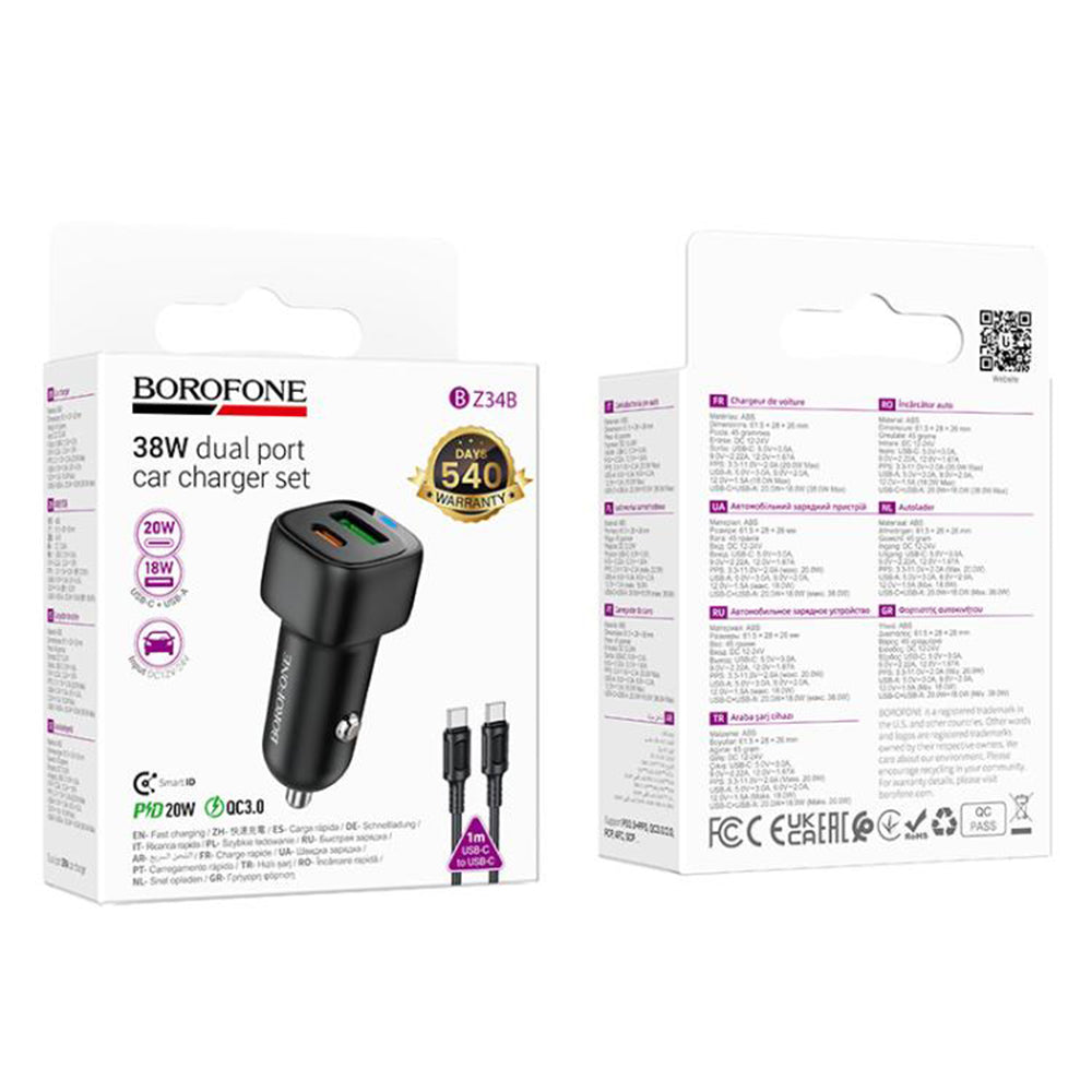 Caricabatterie Auto con Cavo USB-C Borofone BZ34B Cloud, 20W, 3A, 1 x USB-A - 1 x USB-C, Nero