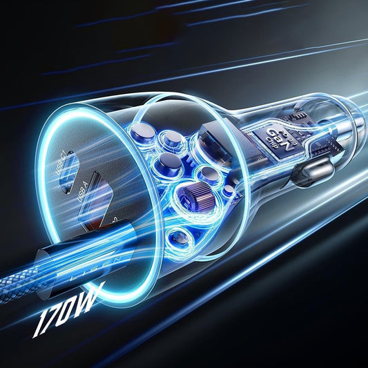 Lisen Car Charger with USB-C Cable, 170W, 5A, 1 x USB-A - 2 x USB-C, Black YL0225060006