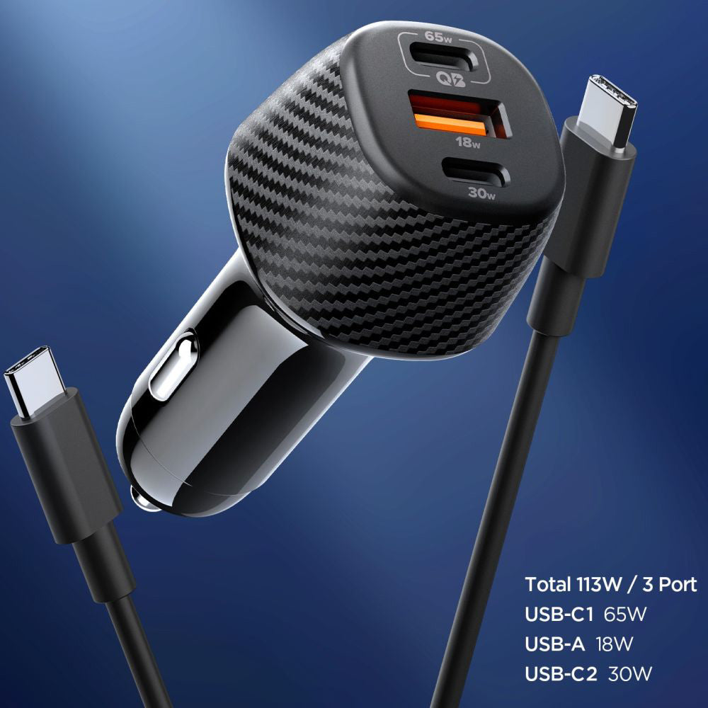 Caricabatterie Auto con Cavo USB-C Spigen EV1133, 113W, 3.25A, 1 x USB-A - 2 x USB-C, Nero