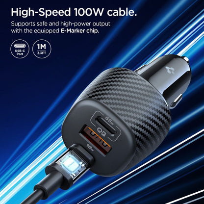 Caricabatterie Auto con Cavo USB-C Spigen EV1133, 113W, 3.25A, 1 x USB-A - 2 x USB-C, Nero