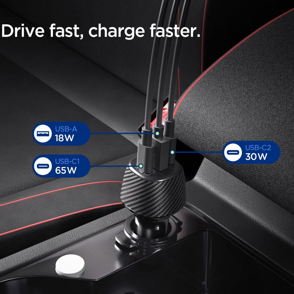 Caricabatterie Auto con Cavo USB-C Spigen EV1133, 113W, 3.25A, 1 x USB-A - 2 x USB-C, Nero