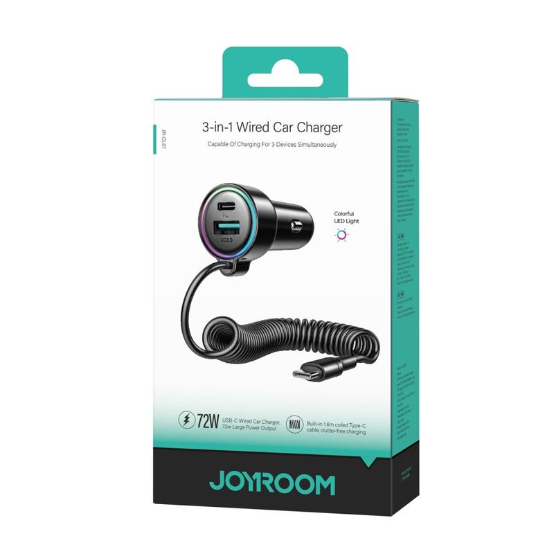 Caricabatterie Auto con Cavo USB-C Joyroom JR-CL07, 90W, 3A, 1 x USB-A - 1 x USB-C, Nero