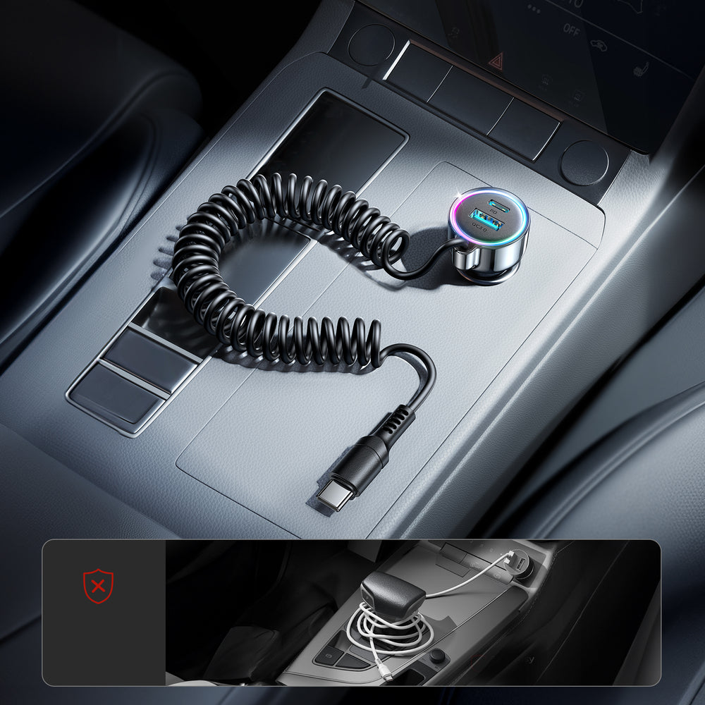 Caricabatterie Auto con Cavo USB-C Joyroom JR-CL07, 90W, 3A, 1 x USB-A - 1 x USB-C, Nero