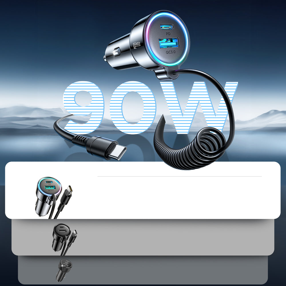 Caricabatterie Auto con Cavo USB-C Joyroom JR-CL07, 90W, 3A, 1 x USB-A - 1 x USB-C, Nero