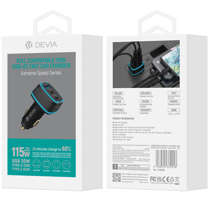 Caricabatterie da auto DEVIA Extreme, 115 W, 3 A, 1 x USB-A - 2 x USB-C, nero 