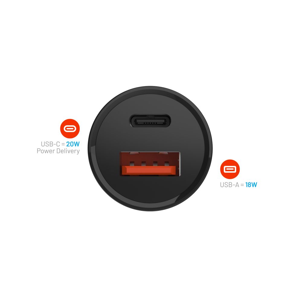 Fixed Auto Charger, 20W, 3A, 1 x USB-A - 1 x USB-C, Black