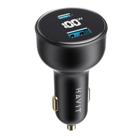 Caricabatterie Auto HAVIT CC100W Display, 100W, 5A, 1 x USB-A - 1 x USB-C, Nero