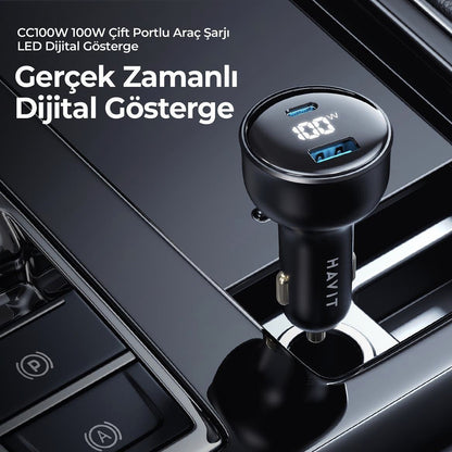HAVIT CC100W Display Car Charger, 100W, 5A, 1 x USB-A - 1 x USB-C, Black