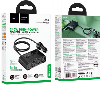 Caricabatterie Auto HOCO Z64, 15.5W, 3.1A, 2 x USB-A - 2 x USB-C - 3 x Estensione Accendisigari, Nero