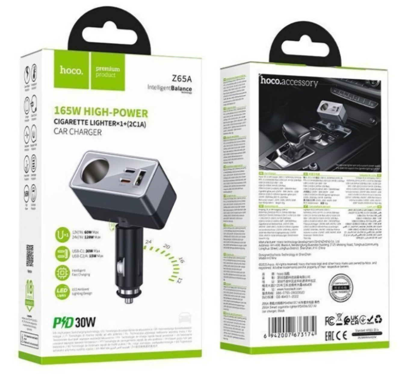 Caricatore Auto HOCO Z65A, 165W, 3A, 1 x Presa Accendisigari - 1 x USB-A - 2 x USB-C, Nero