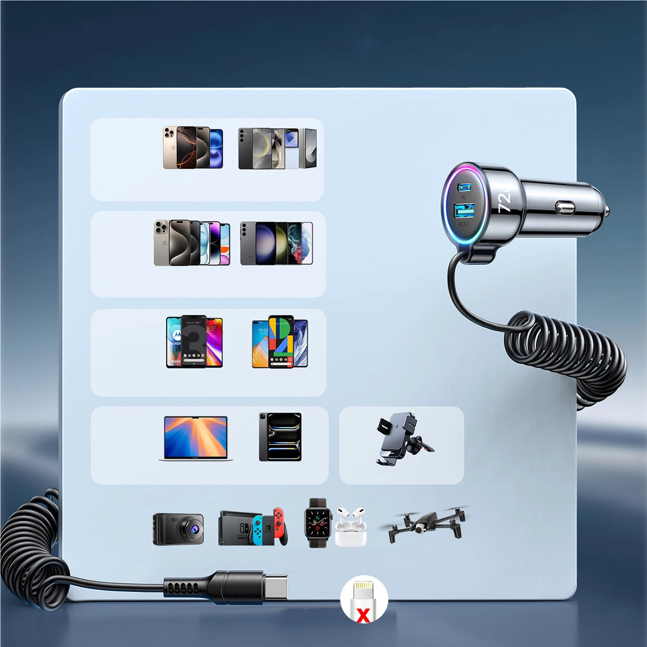 Caricabatterie Auto con Cavo USB-C Joyroom JR-CL07, 72W, 3A, 1 x USB-A - 1 x USB-C, Nero