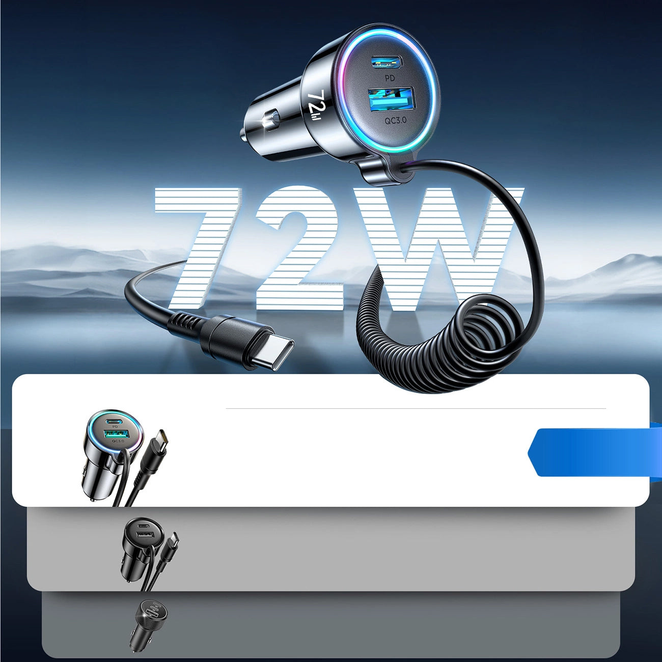 Caricabatterie Auto con Cavo USB-C Joyroom JR-CL07, 72W, 3A, 1 x USB-A - 1 x USB-C, Nero