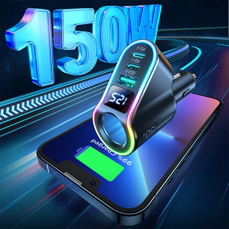Caricabatterie Auto Joyroom JR-CL21, 150W, 3A, 1 x Estensione Accendisigari - 1 x USB-A - 2 x USB-C, Nero