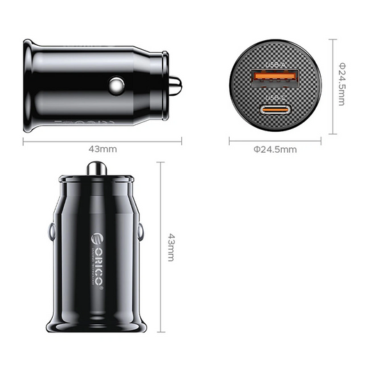 Caricatore Auto Orico PowerMini, 30W, 3A, 1 x USB-A - 1 x USB-C, Nero